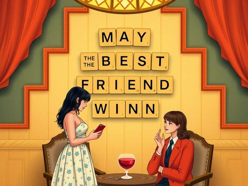 Two friends playing a word game on mobile phones, laughing