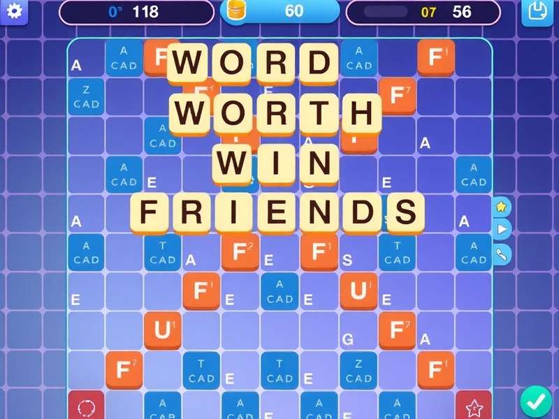 Close-up of colorful Words With Friends letter tiles arranged on a wooden board